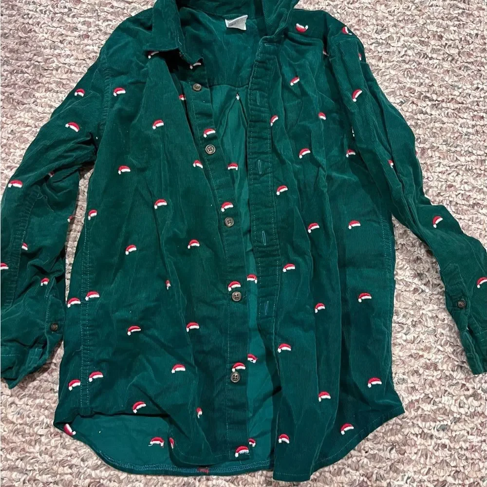 Gymboree Green Corduroy Shirt with Festive Santa hat Embroidery